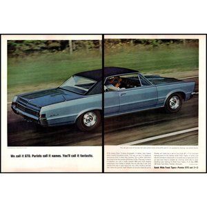 1965 Pontiac GTO Coupe 2 Page Vintage Print Ad Red Stripe Tires Wide Track Art